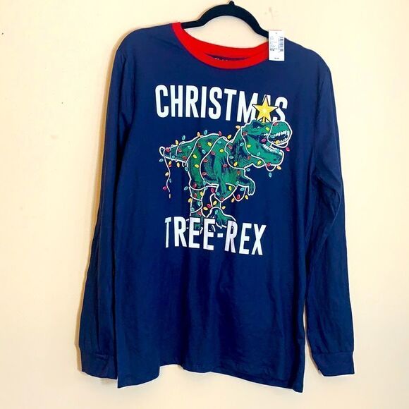 Place Tops - Navy blue red Christmas long sleeve shirt with dinosaur. Medium Tree-Rex (D1)